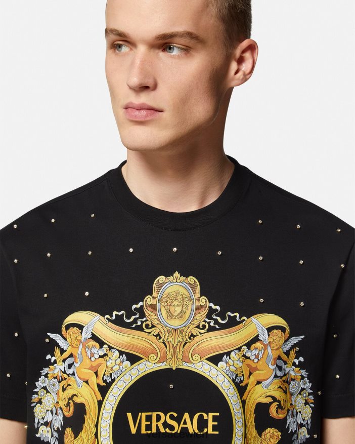 Schwarz T-Shirt mit barockem Kristallgitter Versace Männer Kleidung 8N4XJD1402