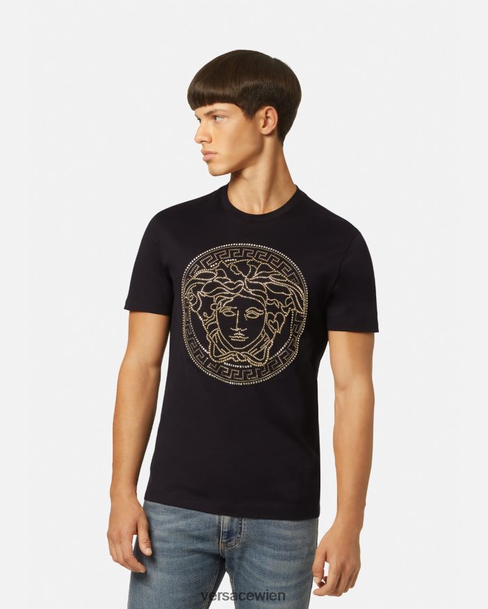 Schwarz T-Shirt mit verziertem Medusa-Logo Versace Männer Kleidung 8N4XJD1377