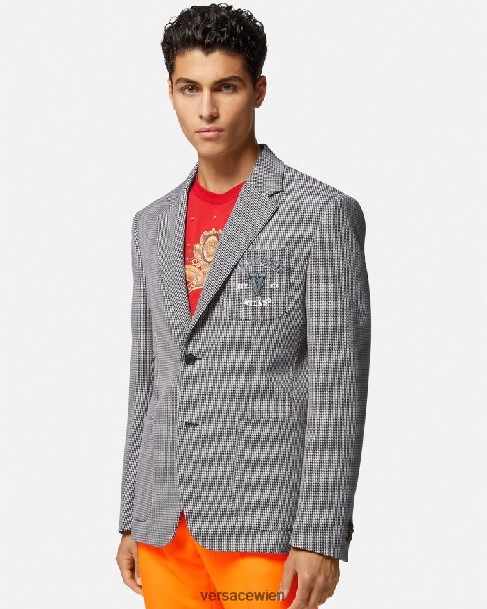 Schwarz-Weiss Hahnentritt-Blazer mit College-Logo Versace Männer Kleidung 8N4XJD1278