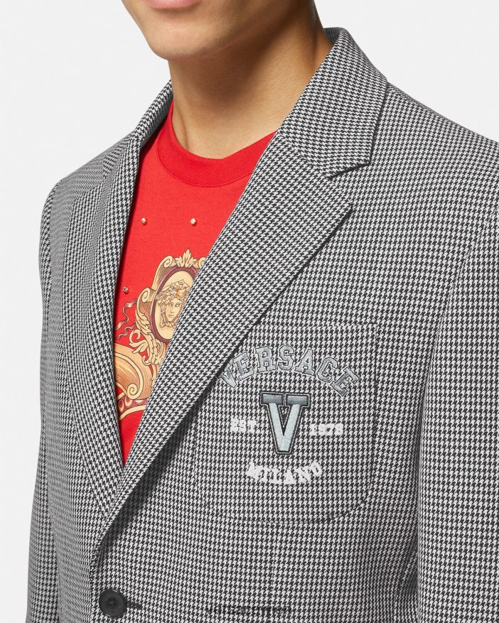 Schwarz-Weiss Hahnentritt-Blazer mit College-Logo Versace Männer Kleidung 8N4XJD1278