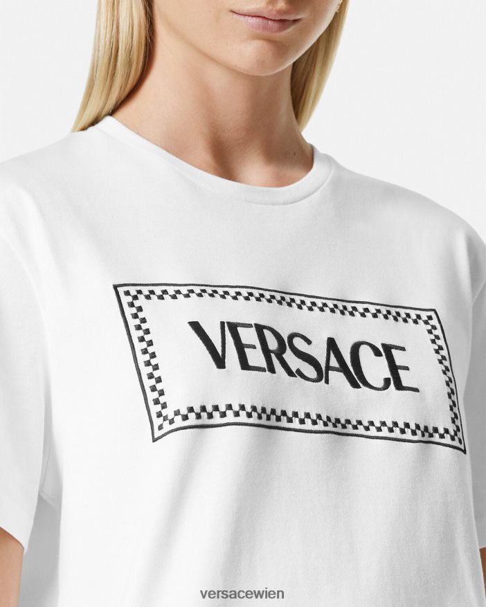 Schwarz-Weiss T-Shirt mit aufgesticktem Logo Versace Frauen Kleidung 8N4XJD136