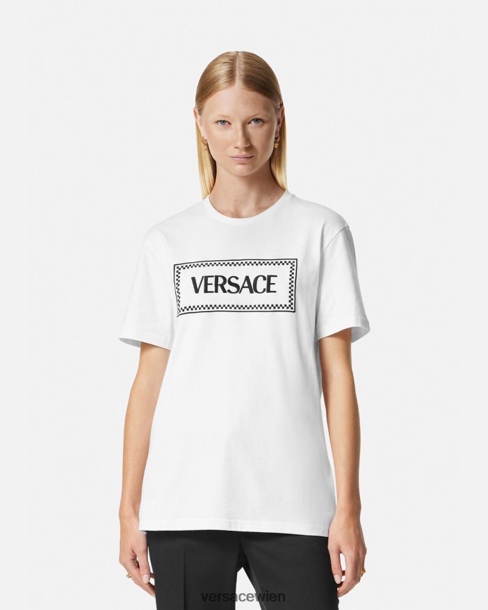 Schwarz-Weiss T-Shirt mit aufgesticktem Logo Versace Frauen Kleidung 8N4XJD136