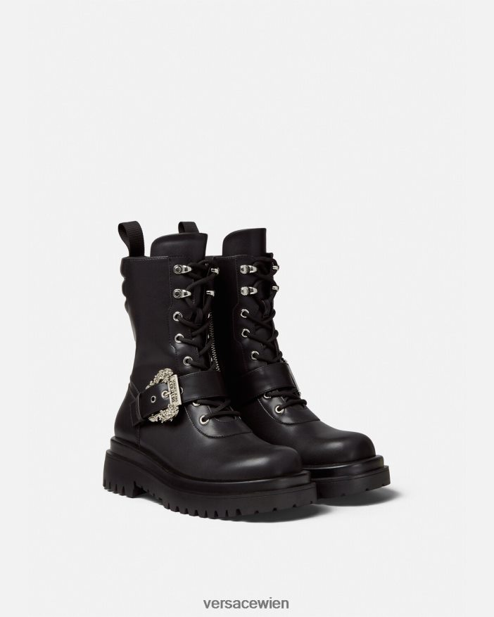 Schwarz zeichnete Kampfstiefel mit Barockschnalle Versace Frauen Schuh 8N4XJD2270