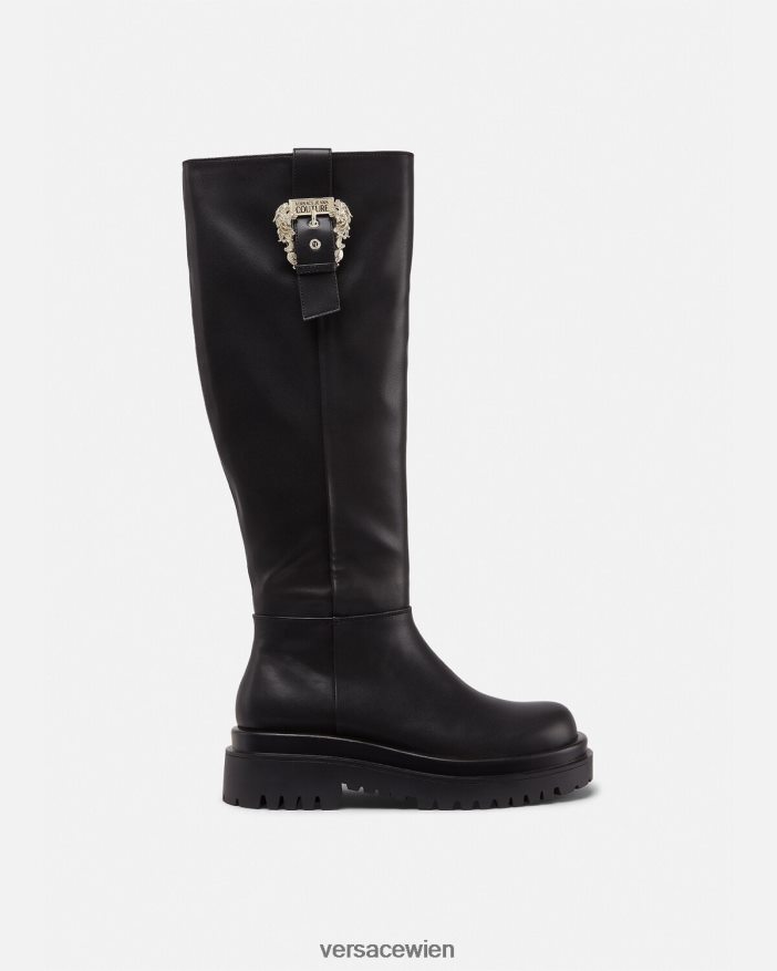 Schwarz zeichnete kniehohe Stiefel mit barocker Schnalle Versace Frauen Schuh 8N4XJD2269