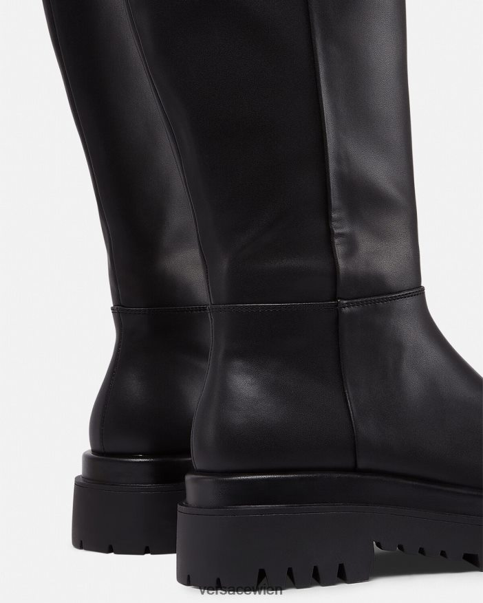 Schwarz zeichnete kniehohe Stiefel mit barocker Schnalle Versace Frauen Schuh 8N4XJD2269