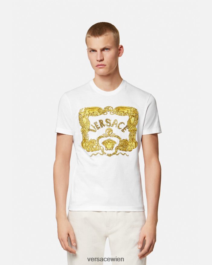 Weiß T-Shirt im Barockstil mit Muschelstickerei Versace Männer Kleidung 8N4XJD1364