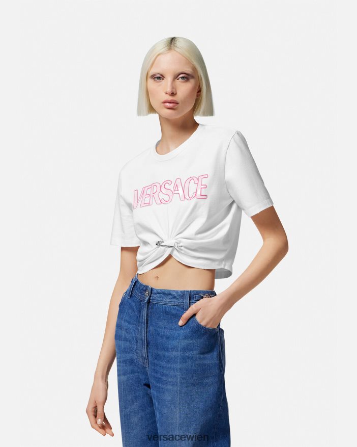 Weiß T-Shirt mit Sicherheitsnadel-Logo Versace Frauen Kleidung 8N4XJD138