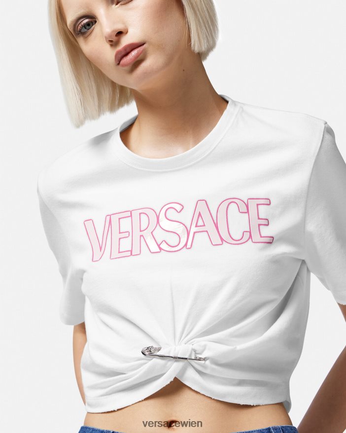 Weiß T-Shirt mit Sicherheitsnadel-Logo Versace Frauen Kleidung 8N4XJD138