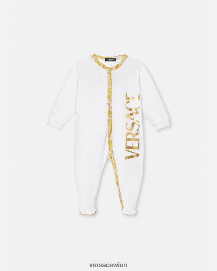 Weißes Gold Baby-Schlafanzug im Barocco-Stil Versace Kinder Kleidung 8N4XJD1825