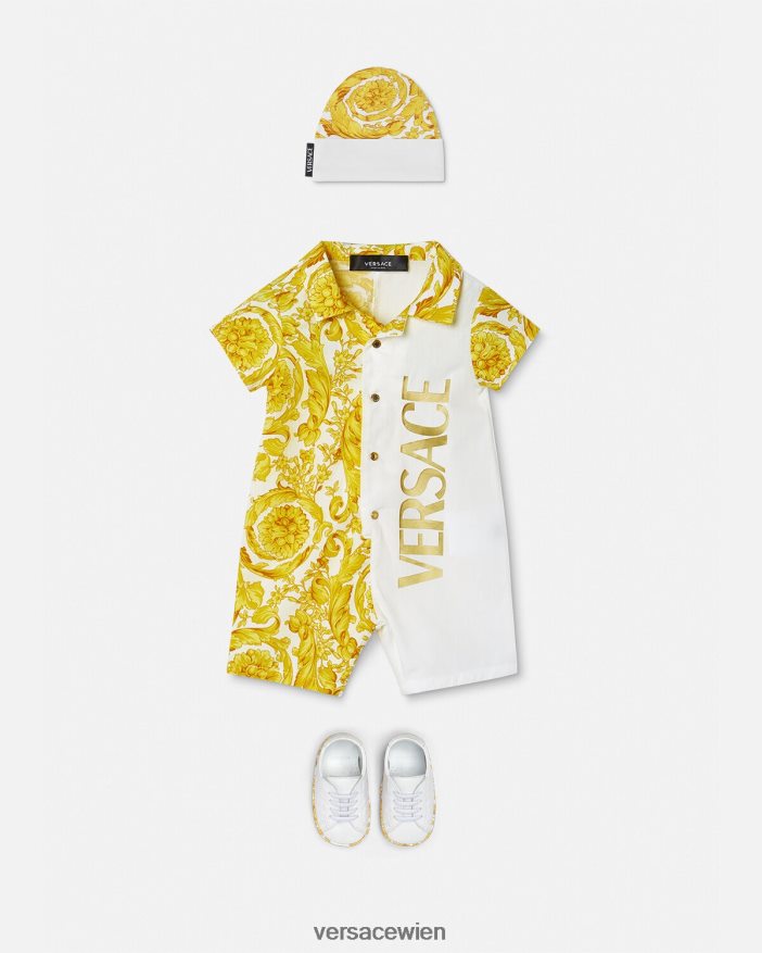 Weißes Gold Baby-Strampler im Barocco-Stil Versace Kinder Kleidung 8N4XJD1819