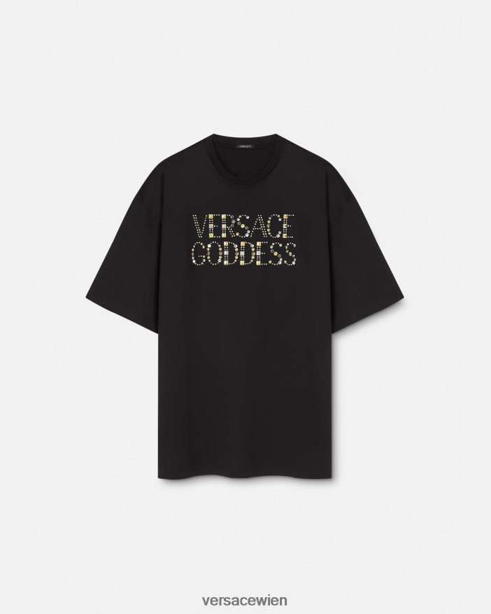 Schwarz Nietenbesetztes Göttinnen-T-Shirt Versace Frauen Kleidung 8N4XJD156