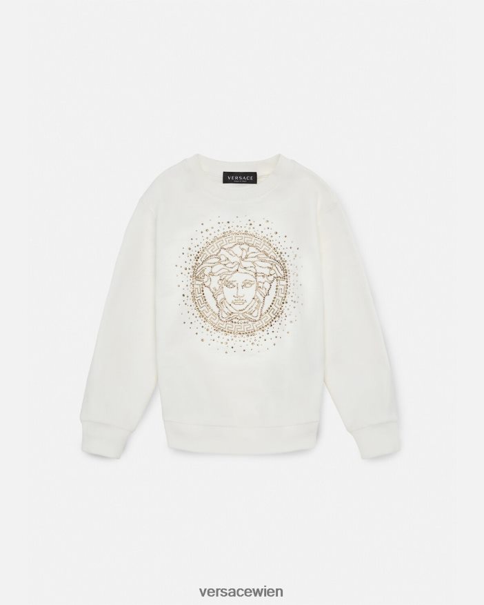 Weiß Sweatshirt mit Kristallmedusa Versace Kinder Kleidung 8N4XJD1963