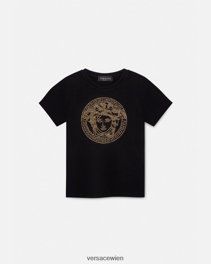 Schwarz T-Shirt mit Kristallmedusa Versace Kinder Kleidung 8N4XJD1961