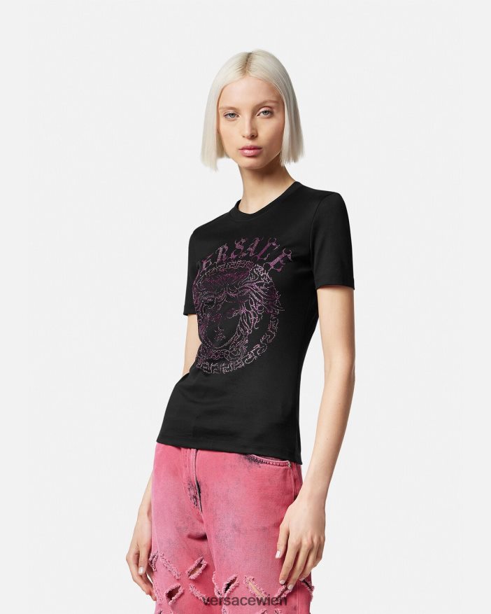 schwarz  rosa T-Shirt mit Kristallmedusa-Logo Versace Frauen Kleidung 8N4XJD153