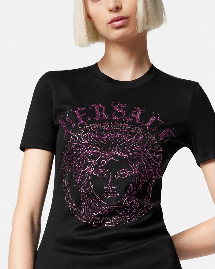 schwarz  rosa T-Shirt mit Kristallmedusa-Logo Versace Frauen Kleidung 8N4XJD153