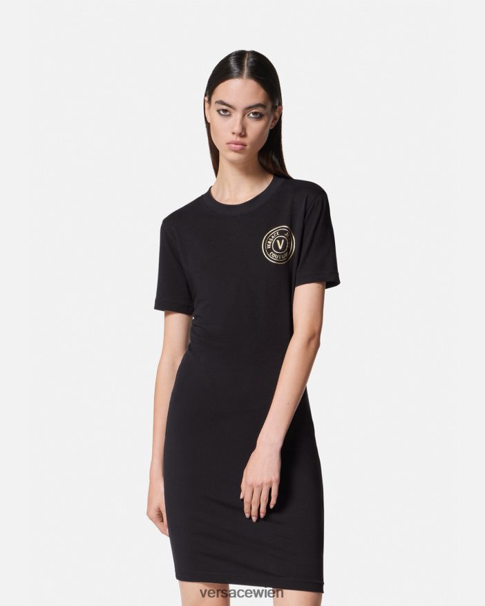 schwarzes Gold T-Shirt-Kleid mit V-Emblem-Logo Versace Frauen Kleidung 8N4XJD2144