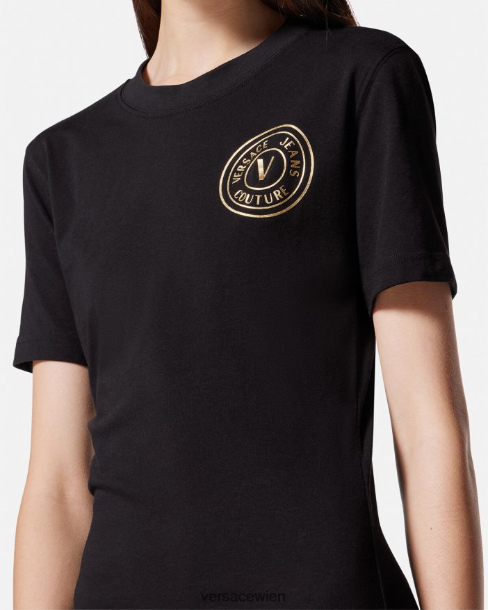 schwarzes Gold T-Shirt-Kleid mit V-Emblem-Logo Versace Frauen Kleidung 8N4XJD2144